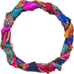 a colorful wreath created from a variety of fabric pieces, Circle frame made from colorful scarves isolated on transparent background
