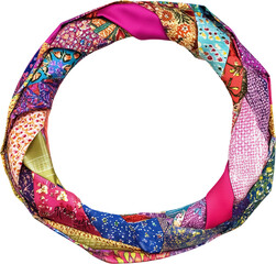 a vibrant, multicolored scarf in a circular shape, perfect for adding a pop of color and style. The scarf features a variety of patterned fabrics arranged to create a unique and fashionable accessory