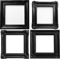 A set of four exquisite square picture frames, showcasing a vintage aesthetic, with a blank interior, black frames isolated on transparent background png