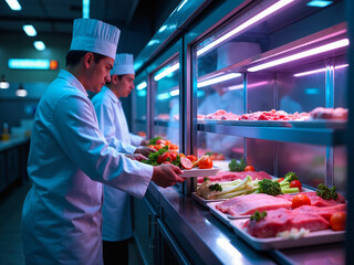 Chefs Organizing Fresh Meat and Vegetables in Commercial Kitchen Display Refrigerators	