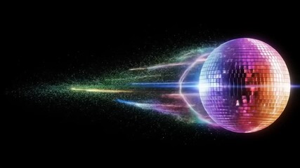A dynamic disco ball emitting colorful light trails against a black background, creating a vibrant atmosphere - Powered by Adobe