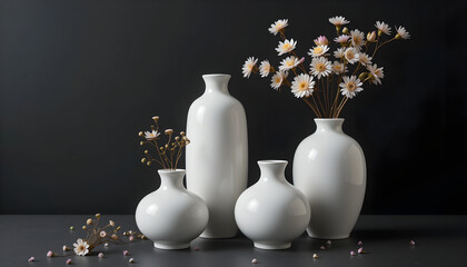 Minimalist Product Photography Scene Featuring Elegant Vases and Delicate Flowers on a Black Background