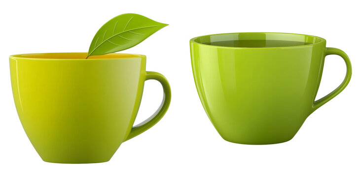 Matcha green tea cups with leaf motif isolated on transparent PNG image perfect for healthy drink ads
