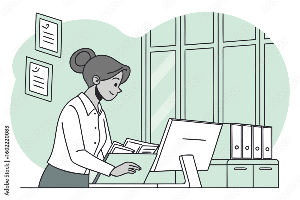 Poster business professional organizing files and using a computer in a modern office environment during wo