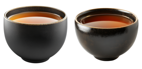 Black tea bowls with reflection effect isolated on transparent PNG image perfect for elegant drink visuals