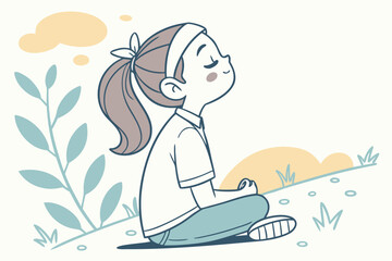 Young girl practices mindfulness in serene outdoor setting, enjoying tranquility among nature during a sunny day