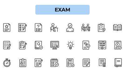 Exam Line Icons – Unique Black & White Education and Assessment Symbols for Test, Quiz, Online Exam, and Study Design Projects