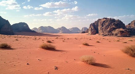 Fototapeta premium Scenic Desert Landscape with Red Sand, Blue Sky, and Majestic Orange sand desert, rocky formations