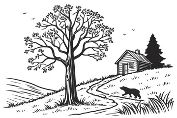 Obraz premium Bear walking along a path near a cabin under a large tree on a serene hillside surrounded by nature