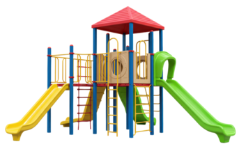Vibrant multi-colored children's playground: blue poles, red railings, yellow ladders, red roof, yellow/lime slides, platforms, climbing elements, isolated on clean white, copy space, commercial play