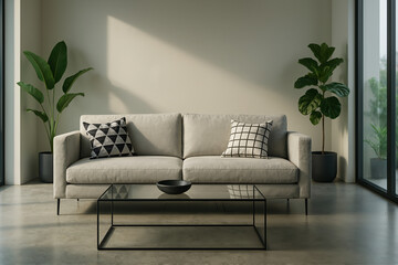 Minimalist Living Room with Beige Sofa, Glass Table, and Indoor Plants under Natural Light