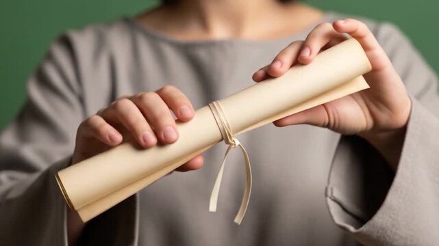 Unrolling Success: Woman Holding Diploma Scroll Against Green Backdrop