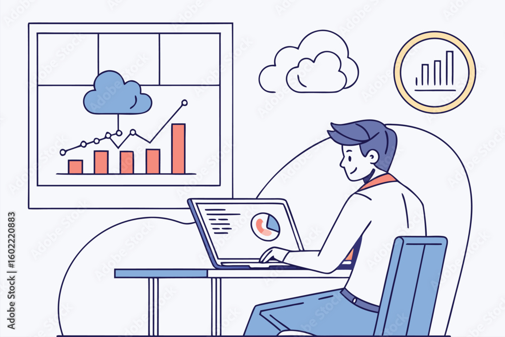Poster data analysis process in a modern office setting with graphs and charts displayed on screen during w
