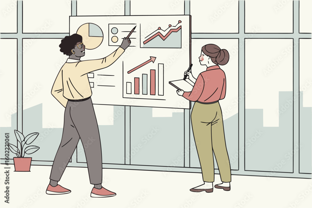 Poster discussion about business growth trends in a modern office setting during daylight hours with charts