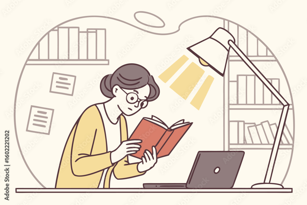 Poster reading a book while studying at a desk with a laptop in a cozy environment illuminated by a lamp du