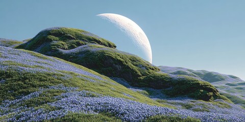 A Tranquil Moonrise Over a Hillside Carpeted in Blue Flowers