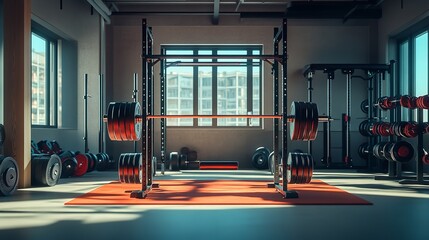 A gym interior featuring a squat rack loaded with weights and dumbbell racks near the windows