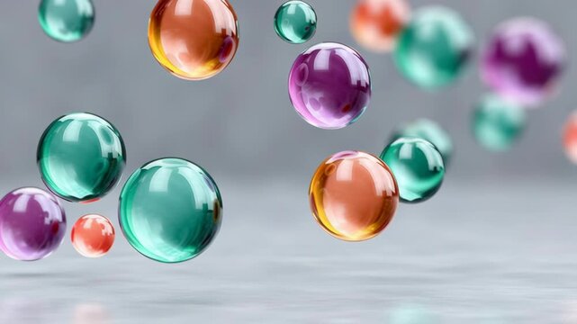 Colorful floating bubbles in various sizes, showcasing vibrant hues of green, orange, purple, and blue, creating a whimsical atmosphere against a soft blurred background, ideal for creative design pro