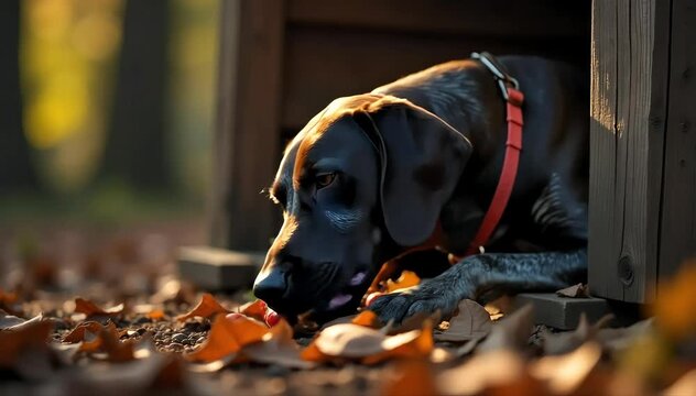 German shorthaired pointer eating food near a cabin