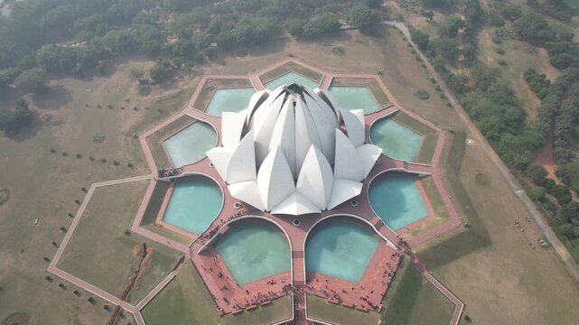 Aerial Drone shot of Lotus Temple a Buddhist temple pagoda in New Delhi India 