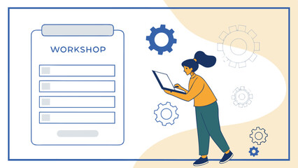 Woman with laptop near workshop checklist and gears representing planning and execution of a training session or event