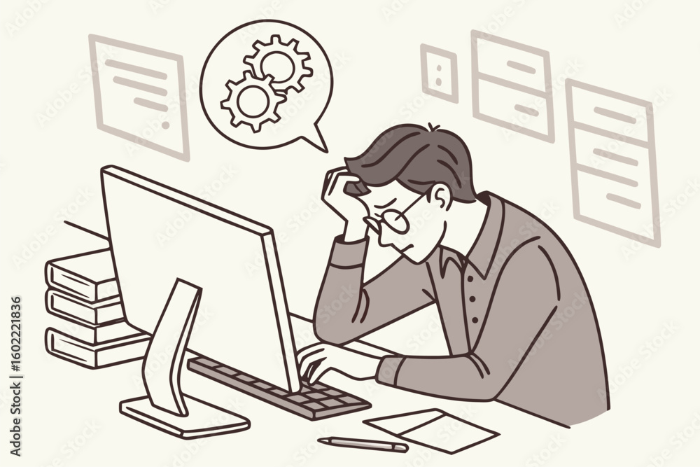 Aufkleber frustrated professional working on a computer while troubleshooting a problem in an office environme