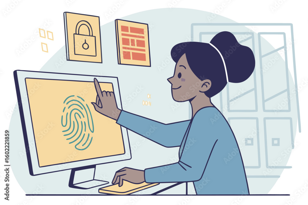 Poster engaging in digital security practices with biometric technology in a modern workspace