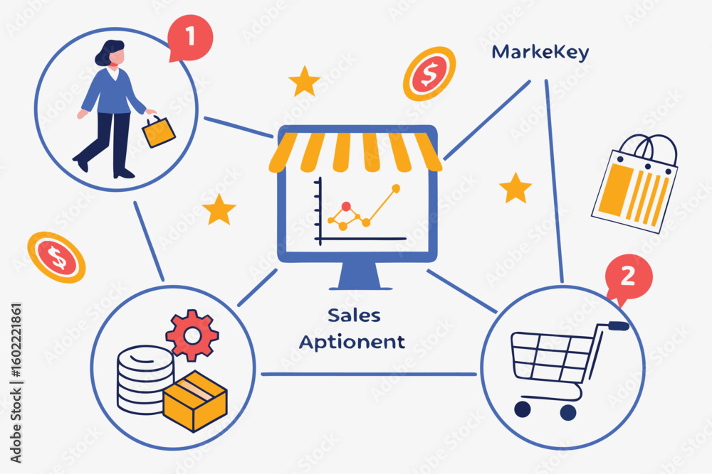 Poster visual representation of sales strategies and market analysis in a digital environment highlighting 