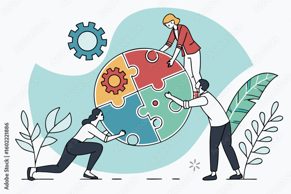 Poster team collaborates to assemble colorful puzzle pieces representing teamwork and problem-solving in a 