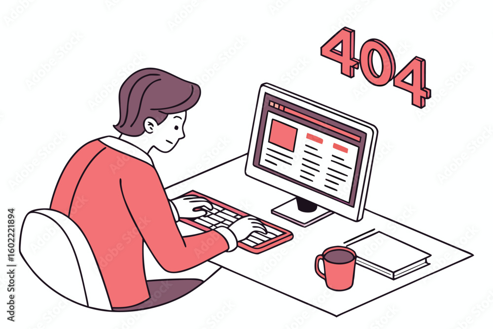 Poster person at a desk encountering a 404 error while working on a computer website at home during the day