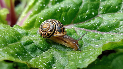 brown and yellow snail on a green leaf