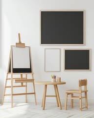 Empty frames and easel in a kids room with a chair and table