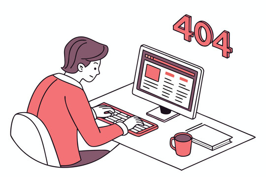 Person at a desk encountering a 404 error while working on a computer website at home during the day - Powered by Adobe
