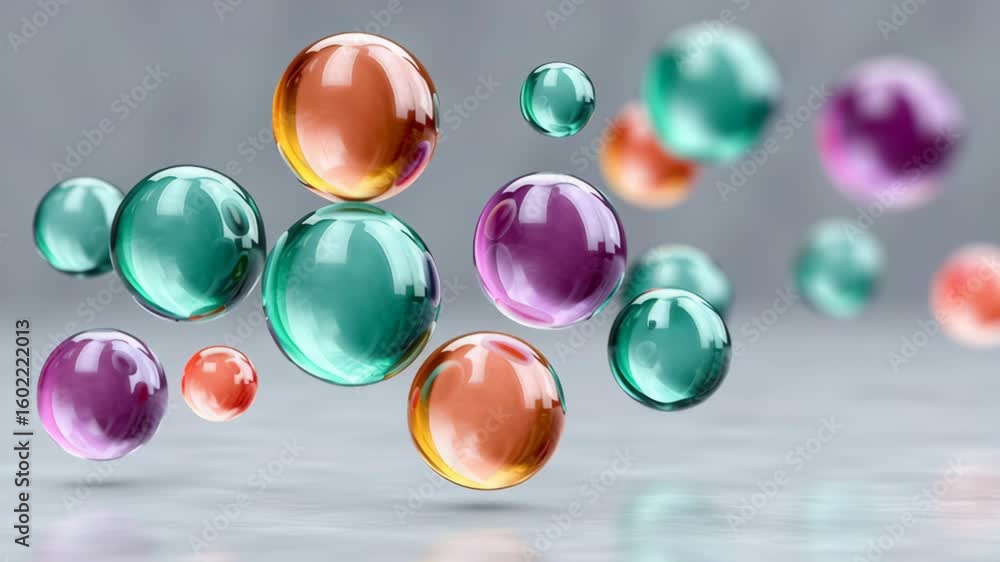 Poster colorful translucent bubbles of various sizes floating in mid-air against a soft blurred background,