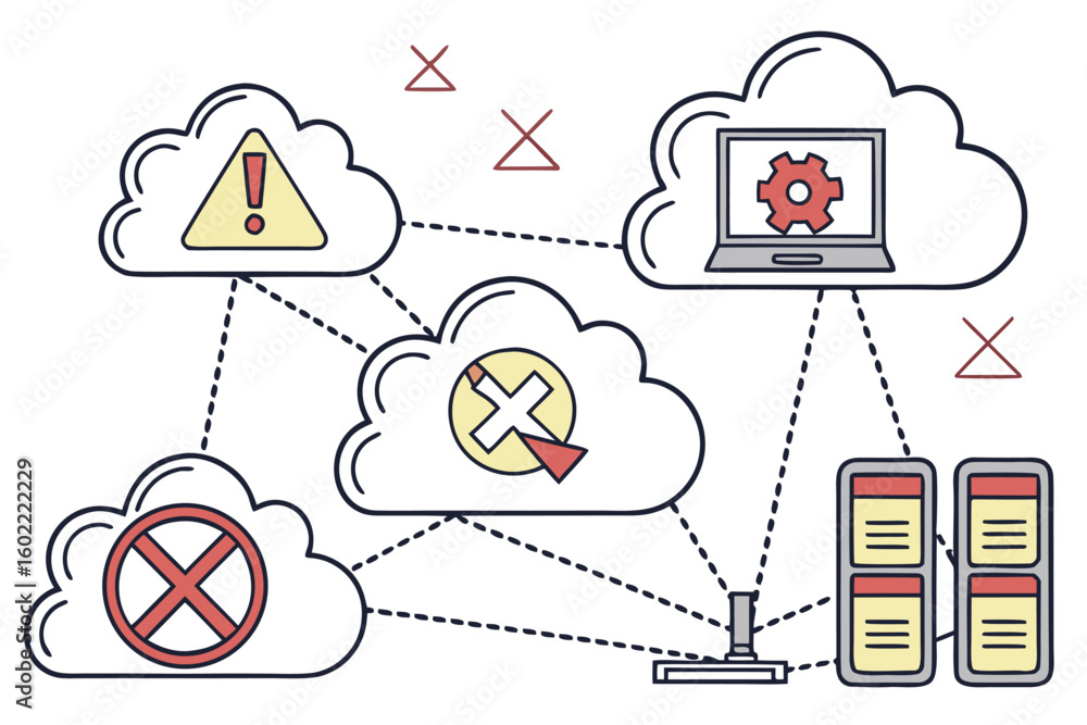 Poster illustration depicting a cloud computing concept with interconnected devices, alerts, and settings, 