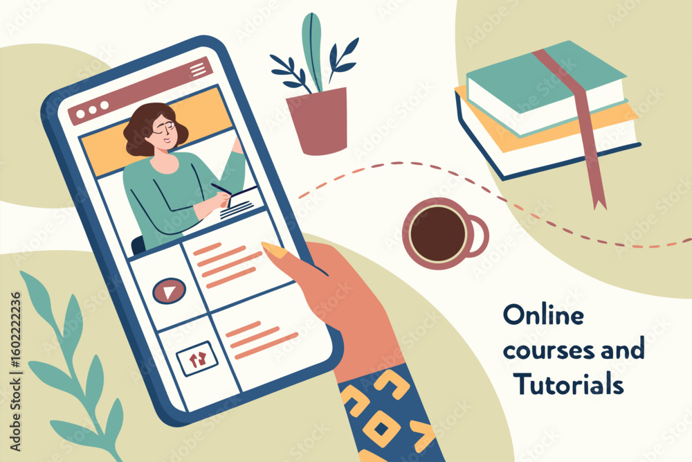 Aufkleber engaging with online courses and tutorials on a smartphone while enjoying a cup of coffee and surrou