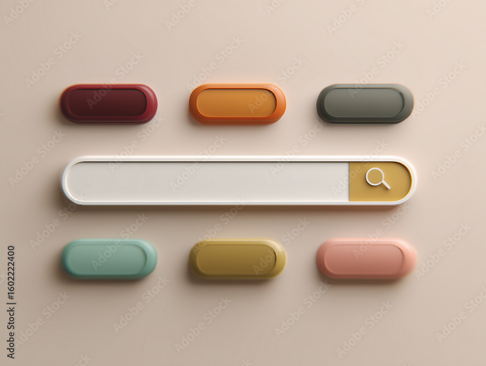 Poster modern search bar design with colorful buttons, perfect for website ui/ux, clean and stylish.