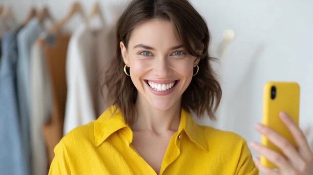 Radiant Moment: A woman captures her genuine smile in a selfie, showcasing a moment of self-expression and contemporary lifestyle.