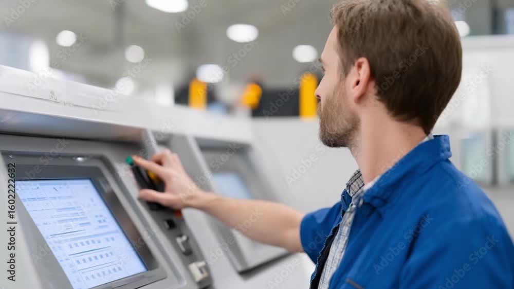 Poster man at modern engineering console: a skilled technician attentively operates a cutting-edge control 