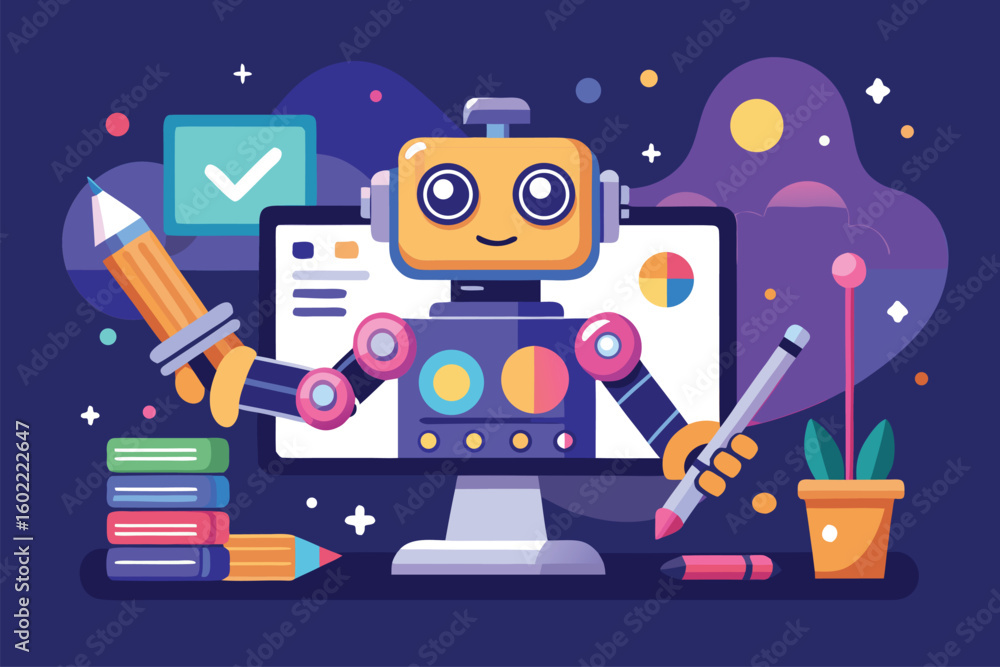 Poster colorful robot engaging in digital design tasks with creative tools in a vibrant workspace surrounde