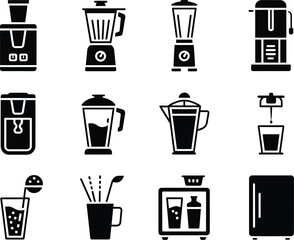 Collection of kitchen appliances and drink preparation icons in silhouette