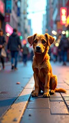 A close-up, low-angle shot of a small, fluffy dog with a pensive expression, sitting alone on a cobblestone street with blurred city life in the background.