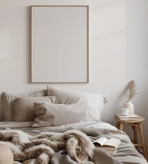 A cozy bedroom with a large blank canvas hanging on the wall. over a bed with fluffy pillows and blankets. and a side table with a vase and book