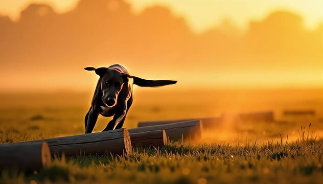 German shorthaired pointer jumping over logs