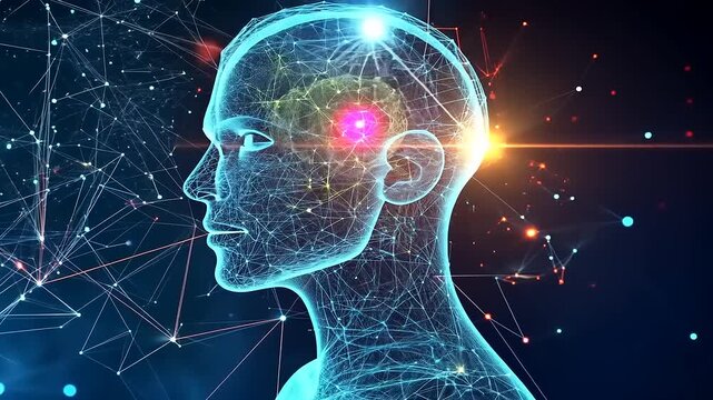 Futuristic digital representation of a human head with neural connections and glowing elements