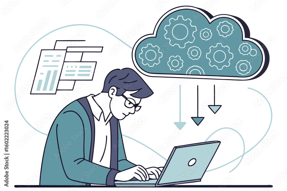 Poster professional using a laptop to manage data and cloud services while analyzing graphs in a modern off