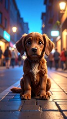 A close-up, low-angle shot of a small, fluffy dog with a pensive expression, sitting alone on a cobblestone street with blurred city life in the background.