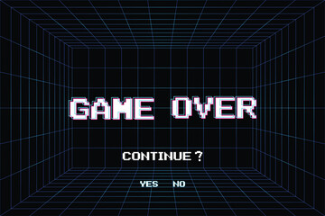 GAME OVER. CONTINUE or exiting the game's main menu. Modern trendy game background with lighting effect. for game assets in vector illustrations.