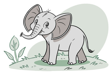 Fototapeta premium Cute cartoon elephant standing on grass with a smiling face surrounded by leaves in a light green background showcasing a cheerful atmosphere of wildlife