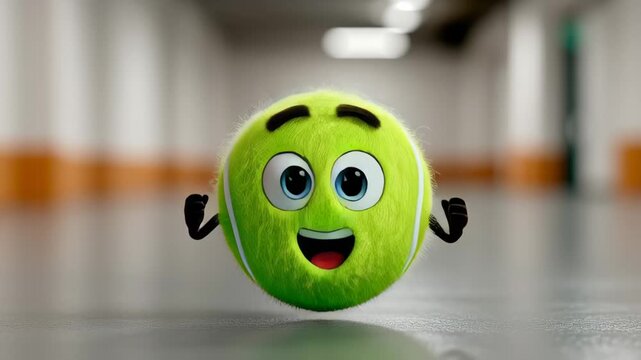 Cartoon-style green tennis ball character with expressive eyes and arms, floating in a spacious indoor environment, showcasing a playful and cheerful demeanor, ideal for sports-themed designs and illu